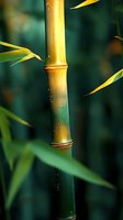Golden bamboo stalk with nodes against dark green background, sunlit leaves creating natural zen atmosphere, macro photography with selective focus.