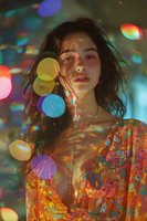 Young Asian woman in colorful floral dress illuminated by vibrant bokeh lights creating dreamy atmosphere. Artistic portrait with rainbow light effects and soft evening glow.