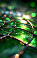 Macro photography of water drops with emerald green reflections and golden bokeh lights creating abstract patterns on reflective surface. Artistic nature background.