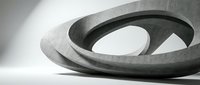 Abstract concrete ring sculpture with curved geometric form casting dramatic shadows on white surface for modern architectural design projects.