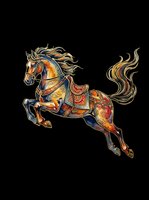 Ornate decorative horse with flowing mane and tail, featuring golden and red embellished saddle and tack. Isolated on transparent background, ready for t-shirts, clipart, stickers, and print-on-demand designs.