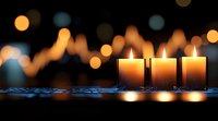 Three glowing candles on reflective surface against blurred bokeh lights background create peaceful ambiance for spa, meditation, or romantic setting.