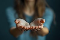 Empty cupped hands reaching forward against dark background, showing caring and giving gesture in soft moody lighting, expressing hope and support.