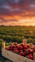 Fresh ripe strawberries in wooden crate at sunset over farm field. Organic berry harvest concept for healthy eating and agriculture marketing materials.