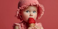 Baby girl in pink bonnet eating red strawberry ice cream cone against coral background for summer dessert advertising.