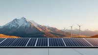 Solar panels array in mountain landscape with snow-capped peaks and wind turbines at golden hour sunset, showcasing renewable energy solutions and sustainable power generation.