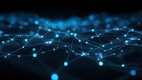 Glowing blue network connections and nodes on dark background illustrate digital technology, artificial intelligence, and global connectivity concept.
