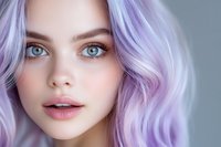 Young woman with vibrant lavender hair and striking blue eyes wearing natural makeup against gray background, modern beauty portrait highlighting pastel hair color trend.