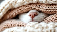 Cat nose peeking out from cozy knitted blankets in soft beige and white tones, creating a warm and comforting winter mood.