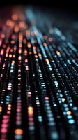 Abstract digital data visualization with colorful bokeh lights and flowing particles on dark background for technology presentations.