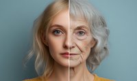 Split face portrait showing aging process with young and elderly Caucasian woman in yellow sweater against blue background, representing time passage and beauty concept.