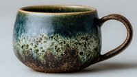 Handcrafted ceramic coffee mug with organic blue-green glaze and textured brown clay body, artisan pottery for hot beverages and rustic kitchen decor.