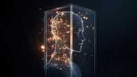 Glowing human silhouette in glass cube with luminous particles and energy effects against dark background, representing artificial intelligence and consciousness.