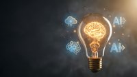 Light bulb with glowing brain inside surrounded by artificial intelligence icons and cloud computing symbols on dark background for innovation concepts.