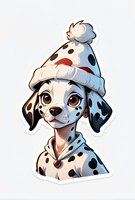 Cute Dalmatian puppy wearing winter knit hat with spots and pom-pom, illustrated in anime style on isolated background. For stickers and merchandise design.
