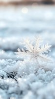 Delicate snowflake crystal with intricate patterns resting on fresh snow surface, captured in macro photography with soft bokeh background and natural winter light.