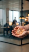 Close-up of male hand holding golden target icon in modern office environment with blurred background, representing business goals, success strategy and achievement concept.
