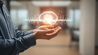 Businessman holding glowing brain with digital network connections and data visualization in modern office environment for technology concepts.