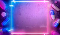 Glowing neon square frame with medical pills scattered around on purple and pink gradient background with copy space for pharmacy or healthcare design.