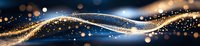 Magical glowing golden waves with sparkling particles and bokeh effects flowing on dark blue background, creating an elegant abstract design pattern.