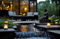 Tranquil garden waterfall with glowing candles and bronze Buddha statue at dusk, creating peaceful atmosphere near modern patio with outdoor furniture and warm lighting.