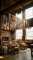 Traditional textile weaving workshop with colorful fabrics hanging from wooden looms in industrial brick building with large windows and natural lighting.
