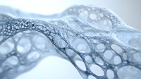 Microscopic cellular structure with organic bubble patterns in cool blue tones creates flowing abstract waves against light background. Scientific research concept.