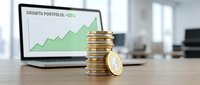 Young professional male, Caucasian ethnicity, financial analyst or investment manager, stacking gold coins on office desk with growth chart displayed on monitor behind, representing portfolio growth and financial success.