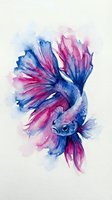 Watercolor betta fish with flowing fins in blue and pink hues on white background for artistic designs and home decor projects.