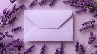 Closed white envelope surrounded by fresh purple lavender flowers on pink background, creating romantic composition for wedding invitations or love letters.