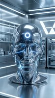 Futuristic transparent glass human head with glowing blue eye in modern laboratory setting for artificial intelligence and technology concepts.