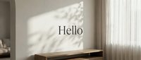 Minimalist interior with wooden bench, sheer curtains, and soft leaf shadows on a neutral wall with Hello text, perfect for branding mockups.