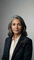 Mature woman with long gray hair, South Asian ethnicity, wearing dark blazer and cream blouse, professional headshot against neutral gray background for corporate, business, and executive use.
