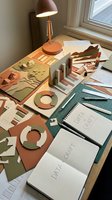 Creative workspace with handmade paper craft data visualizations, charts, and models in earthy tones on a designer desk with notebooks and lamp.