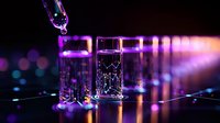Glowing purple laboratory test tubes with liquid droplets in dark setting create futuristic science atmosphere with bokeh lights and reflective surface.