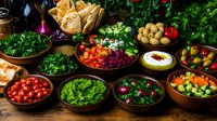 Fresh Mediterranean appetizer spread with colorful vegetables, herbs, dips and pita bread arranged in rustic wooden bowls on dark table, overhead view.