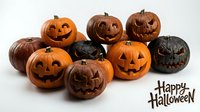 Carved jack-o-lantern pumpkins with glowing faces arranged on white background for autumn holiday celebrations and seasonal decorations.
