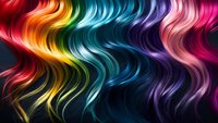 Vibrant rainbow colored wavy hair strands flowing in abstract pattern against black background, featuring smooth glossy texture and dynamic movement. For beauty salon designs.
