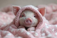 Adorable piglet wrapped in soft pink blanket looking at camera with sweet expression, cozy farm animal portrait against blurred pink background.