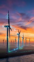 Smart wind turbines with IoT connectivity and digital displays at sunset creating sustainable energy solutions for modern power generation systems.