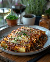 Homemade cannelloni pasta filled with meat and spinach, topped with melted cheese and fresh thyme, served on ceramic plate with wine glasses in background.