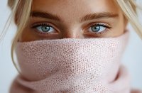 Close up view of bright blue eyes and blonde hair with pink knitted scarf wrapped around lower face, creating mysterious winter fashion portrait on light background.