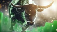 Powerful bull silhouette with long horns emerging from atmospheric green smoke effect against dramatic lighting background.