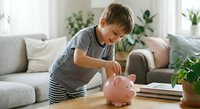 Young Caucasian boy in striped shirt putting coin into pink piggy bank at home, teaching children financial literacy and saving money habits.