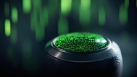 Mysterious glowing green substance in black metallic container with bokeh light effects in dark background creates sci-fi atmosphere.