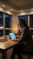 Middle-aged woman with gray hair and glasses working on laptop at desk in modern office at night, analyzing financial data and charts for business analytics and corporate work.