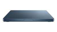 Slim closed laptop in dark blue color, side view on white background, isolated for tech, advertising, and product design use.