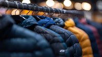 Winter jackets and coats hanging on retail clothing rack with selective focus on navy blue puffer jacket, blurred warm lights in background create shopping atmosphere.