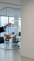 Businessman hands protecting holographic network diagram in modern office environment showcasing digital transformation and cybersecurity concepts.