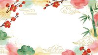 Asian spring frame with cherry blossoms, bamboo and traditional clouds on white background for greeting cards, invitations and festive designs.
